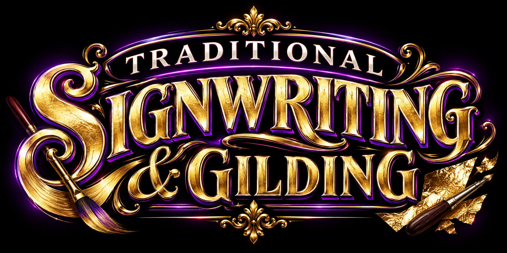 Traditional Signwriting and Gilding — ornate gold leaf lettering with purple illumination